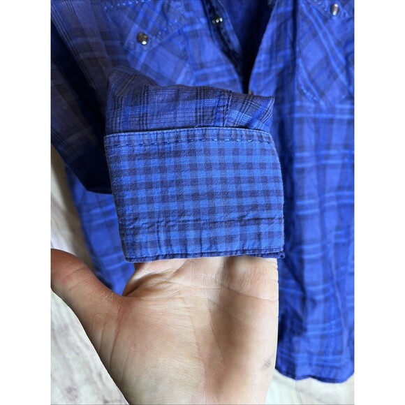 Bugatchi Dress Shirt Large Blue Plaid Paisley Contrast Flip Cuff Shape Fit - Picture 7 of 13